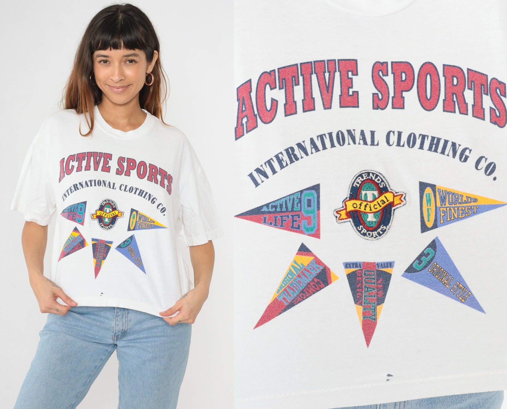90s Active Sports International Pennant Graphic T-Shirt White Cotton Large