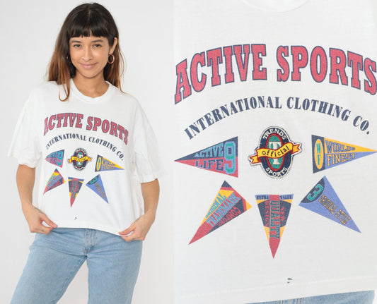 90s Active Sports International Pennant Graphic T-Shirt White Cotton Large