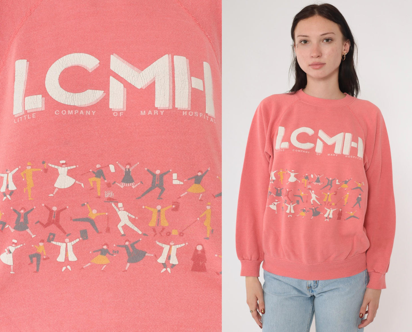 90s LCMH Little Company of Mary Hospital Graphic Raglan Sweatshirt Pink Medium