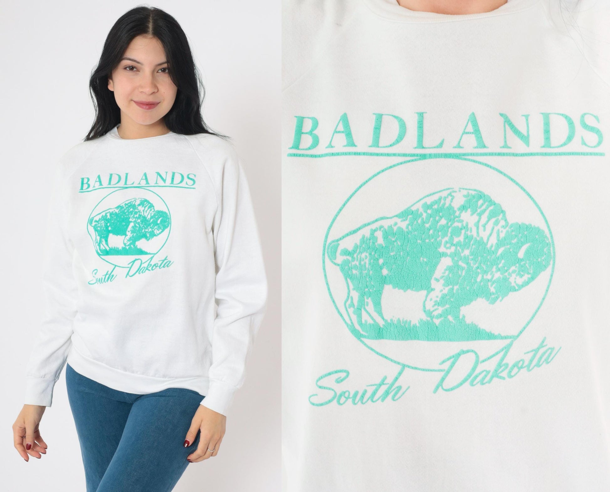 90s Badlands South Dakota Buffalo Sweatshirt White Crewneck Pullover Medium