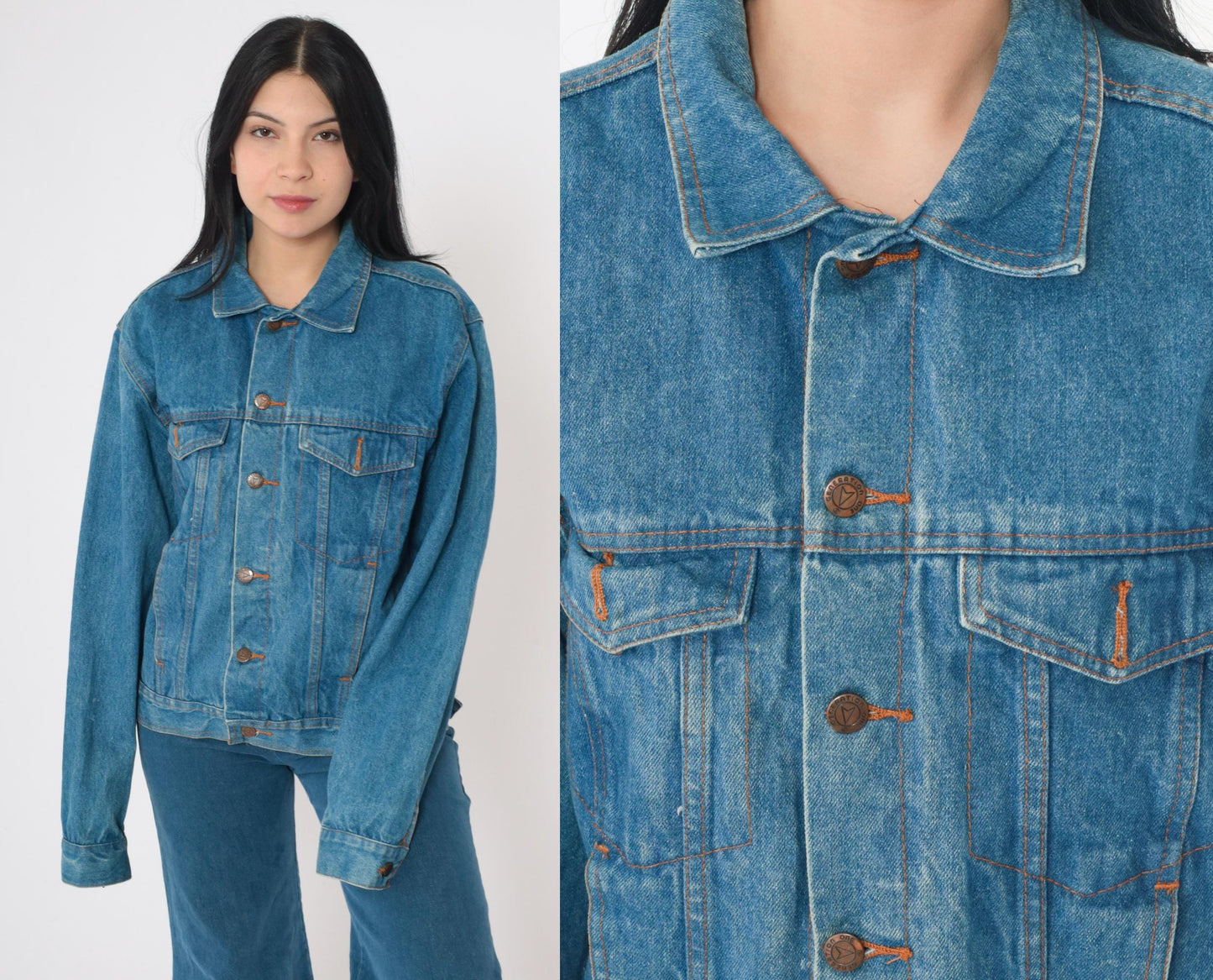 90s Blue Denim Jacket Button-Up Cotton Medium M