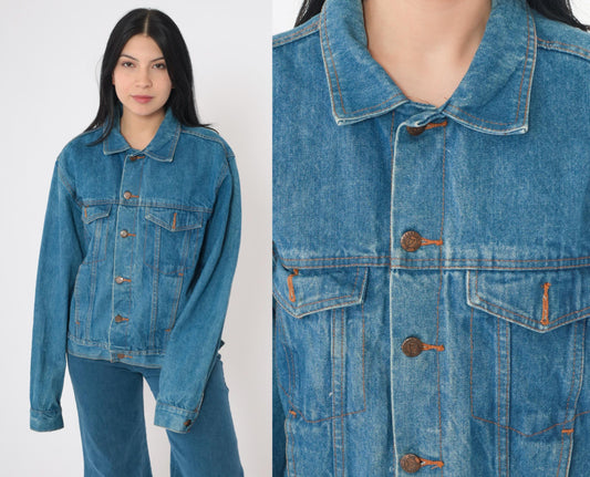 90s Blue Denim Jacket Button-Up Cotton Medium M