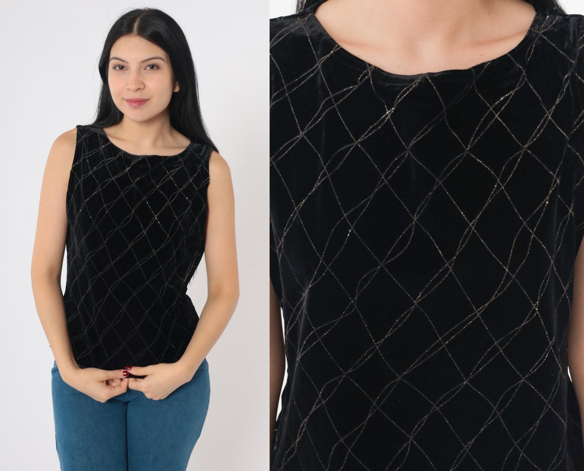 90s Black Velvet Tank Top Checkered Sparkly Glitter Sleeveless Small