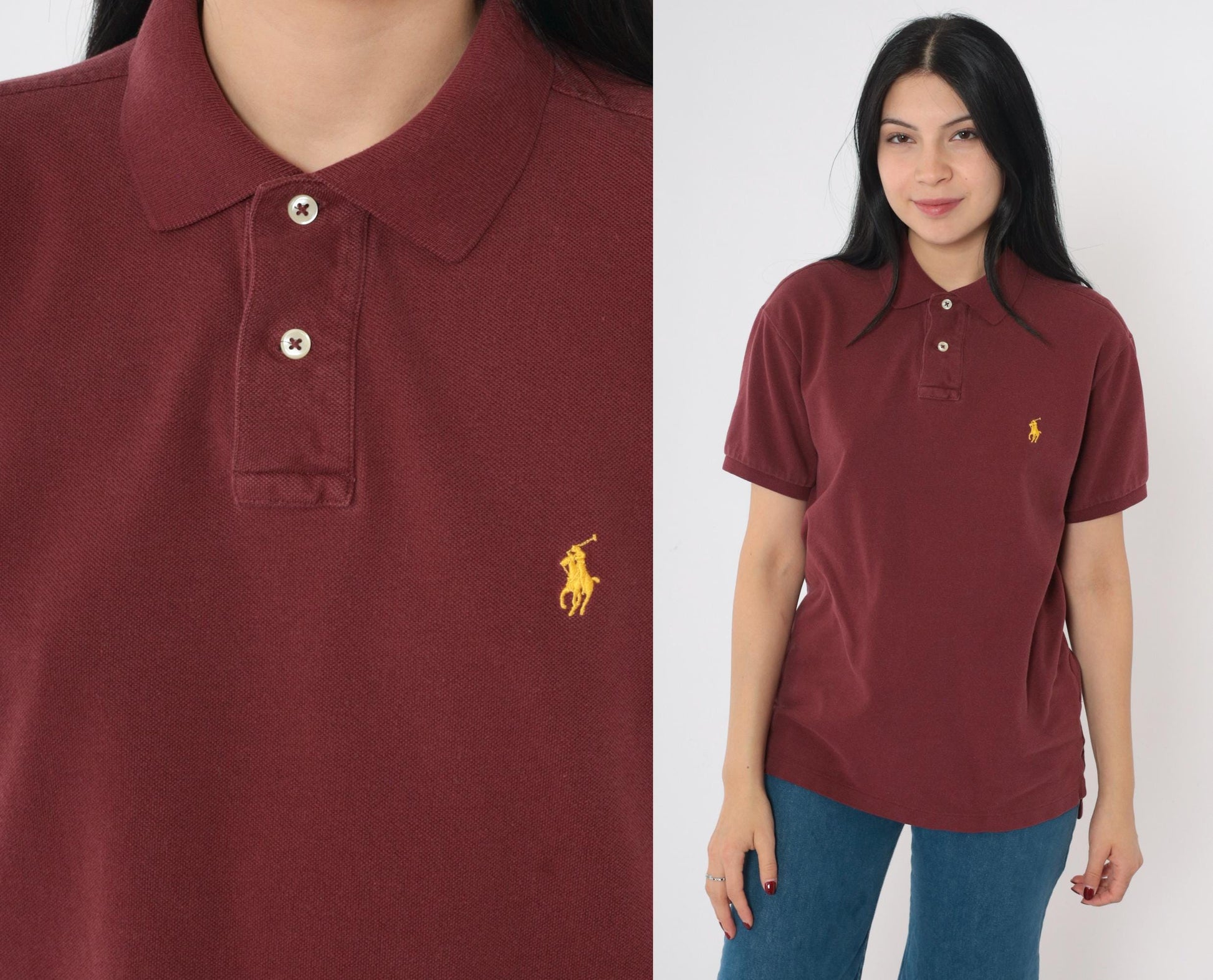 90s Polo Ralph Lauren Burgundy Cotton Polo Shirt Yellow Logo Medium M