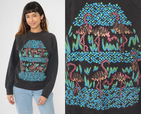 90s Flamingo Sweatshirt Black Glitter Graphic Raglan Crewneck Large
