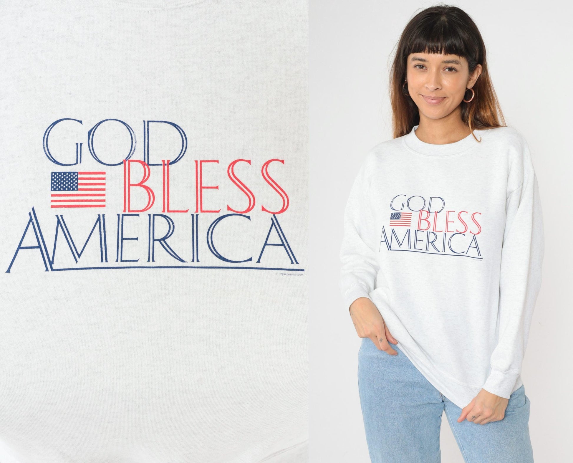 90s God Bless America Sweatshirt Heather Grey Graphic Crewneck Large