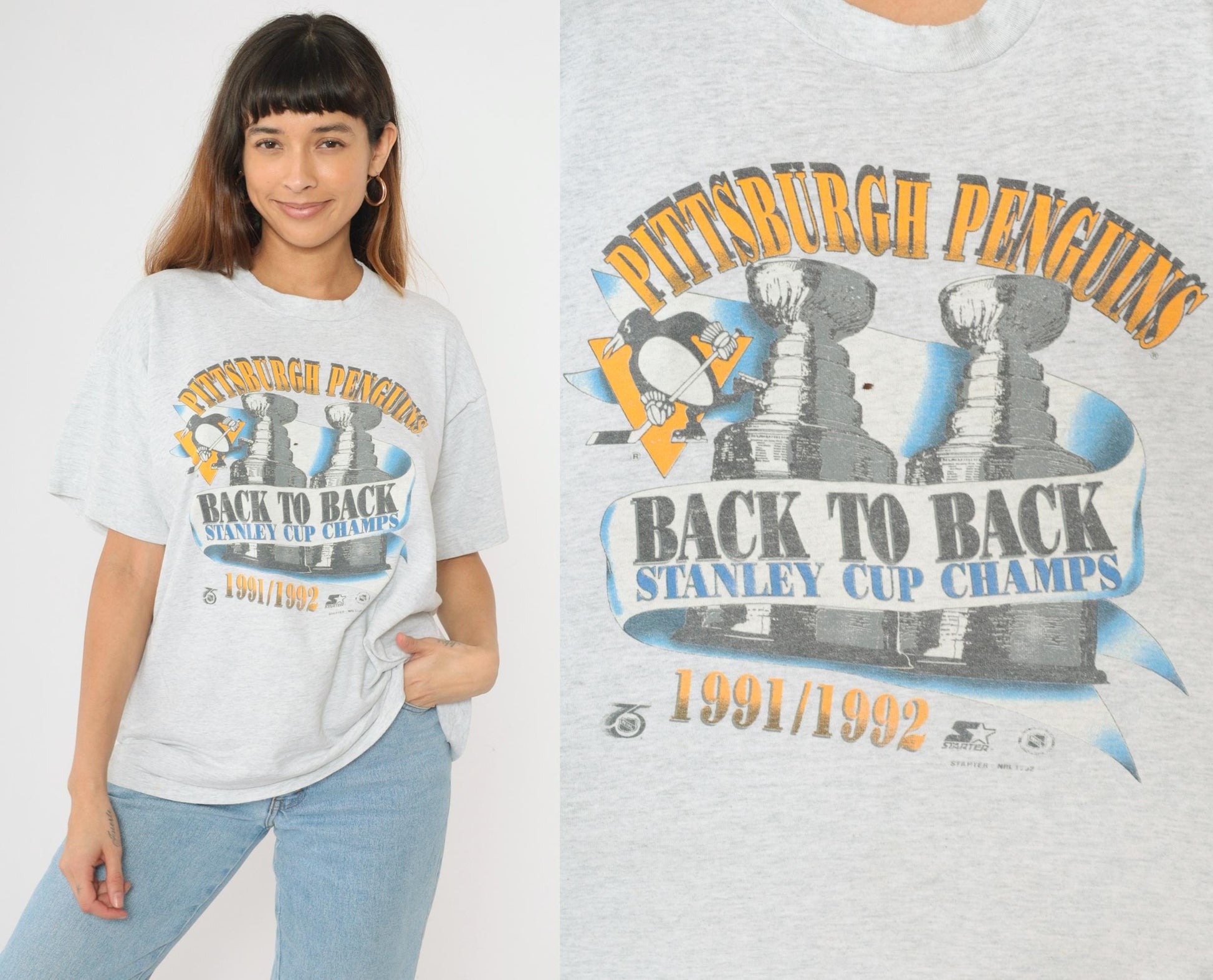 1991/1992 Pittsburgh Penguins Stanley Cup Champions Graphic T-Shirt Heather Grey Extra Large XL