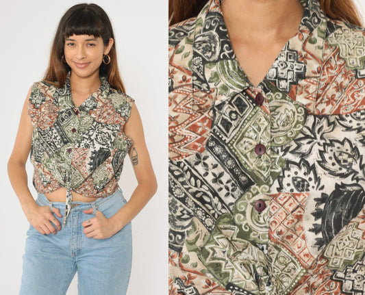 90s Bonjour Patchwork Floral Crop Top Sleeveless Button-Up Blouse Green Extra Large