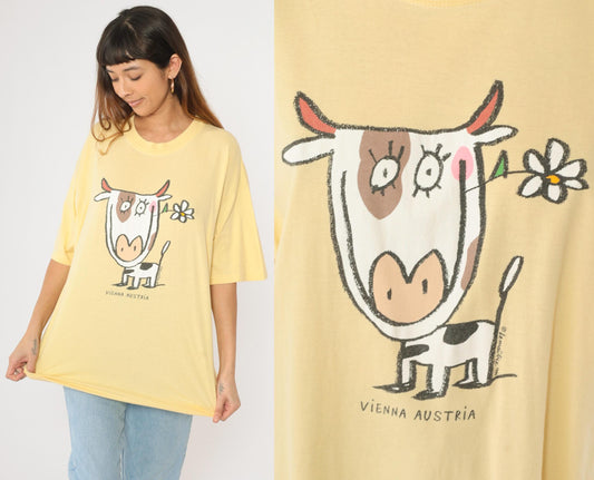 90s Vienna Austria Cow Graphic Tee Yellow Cotton T-Shirt Extra Large XL