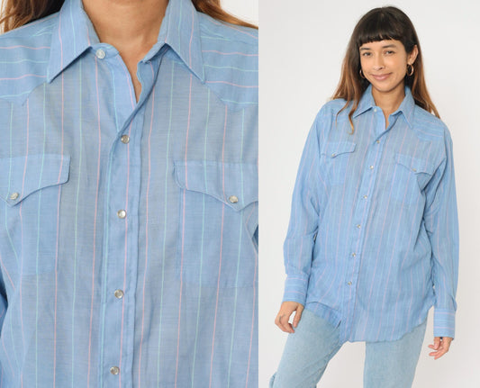 90s Panhandle Slim Western Shirt Blue Striped Pearl Snap Cowboy Large