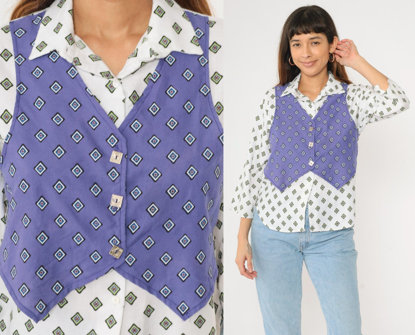 90s New Moves Geometric Button Up Shirt White Purple Attached Vest Medium