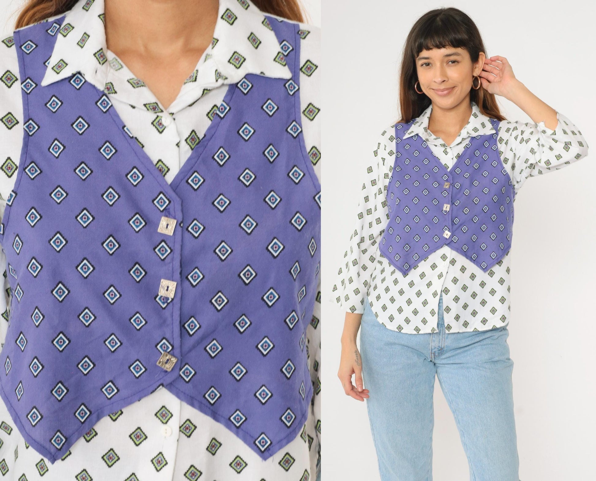 90s New Moves Geometric Button Up Shirt White Purple Attached Vest Medium