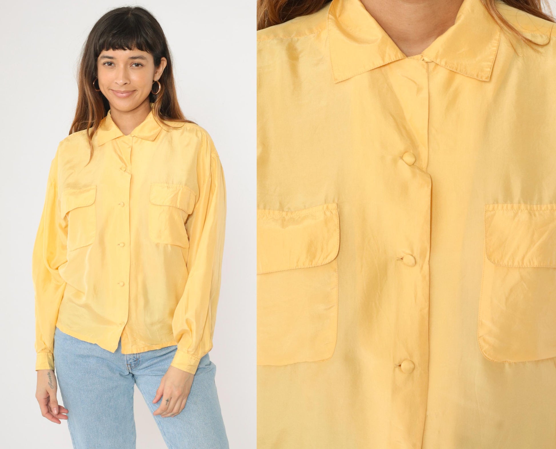 90s Ivy Club Classics Yellow Silk Button-Up Blouse Long Sleeve Small S