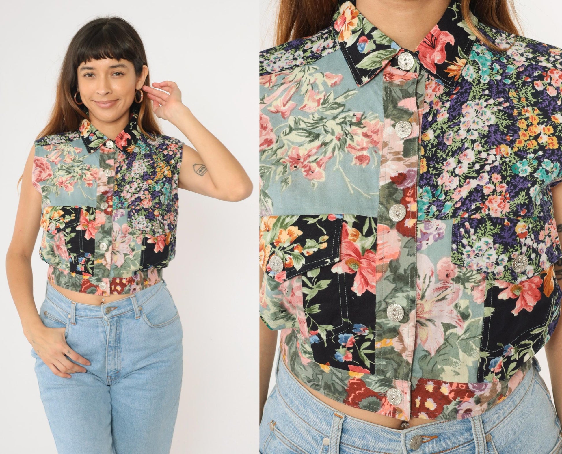 90s Cotton Express Floral Patchwork Crop Vest Button-Up Sleeveless Medium