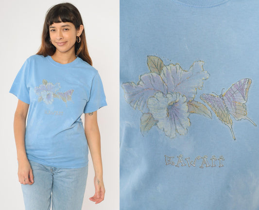 90s Hawaii Butterfly T-Shirt Light Blue Gold Glitter Graphic Tee Small S