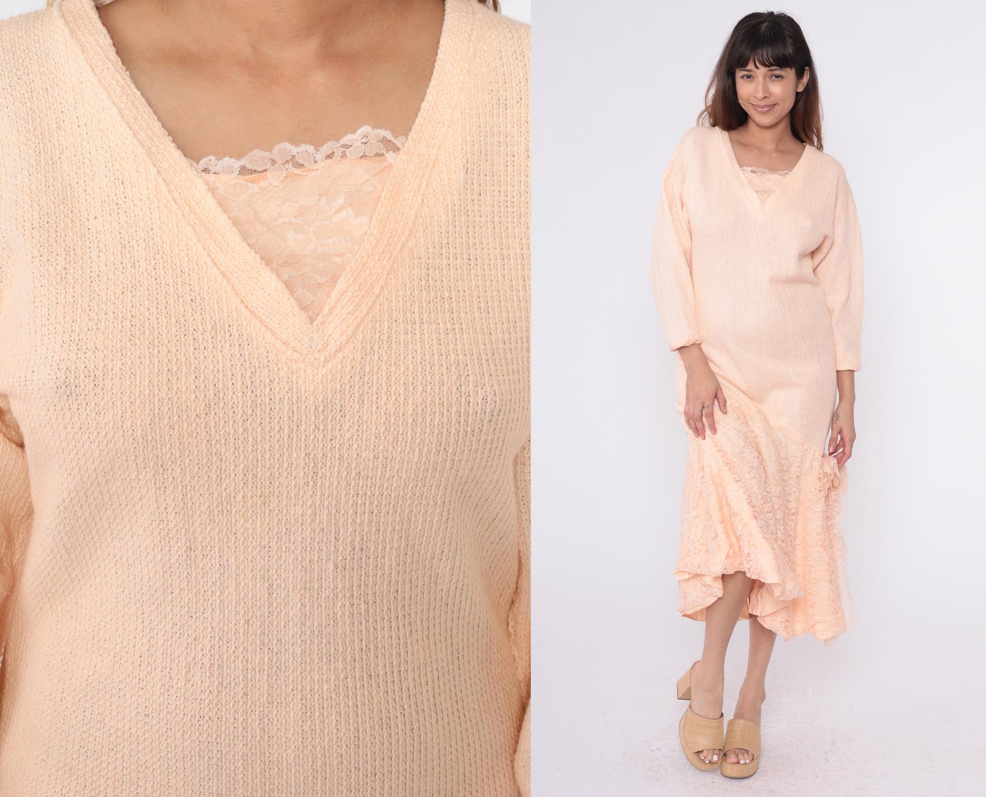 80s Peach Knit Midi Dress V-Neck Lace Mermaid Hem Long Sleeve Medium