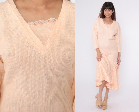 80s Peach Knit Midi Dress V-Neck Lace Mermaid Hem Long Sleeve Medium