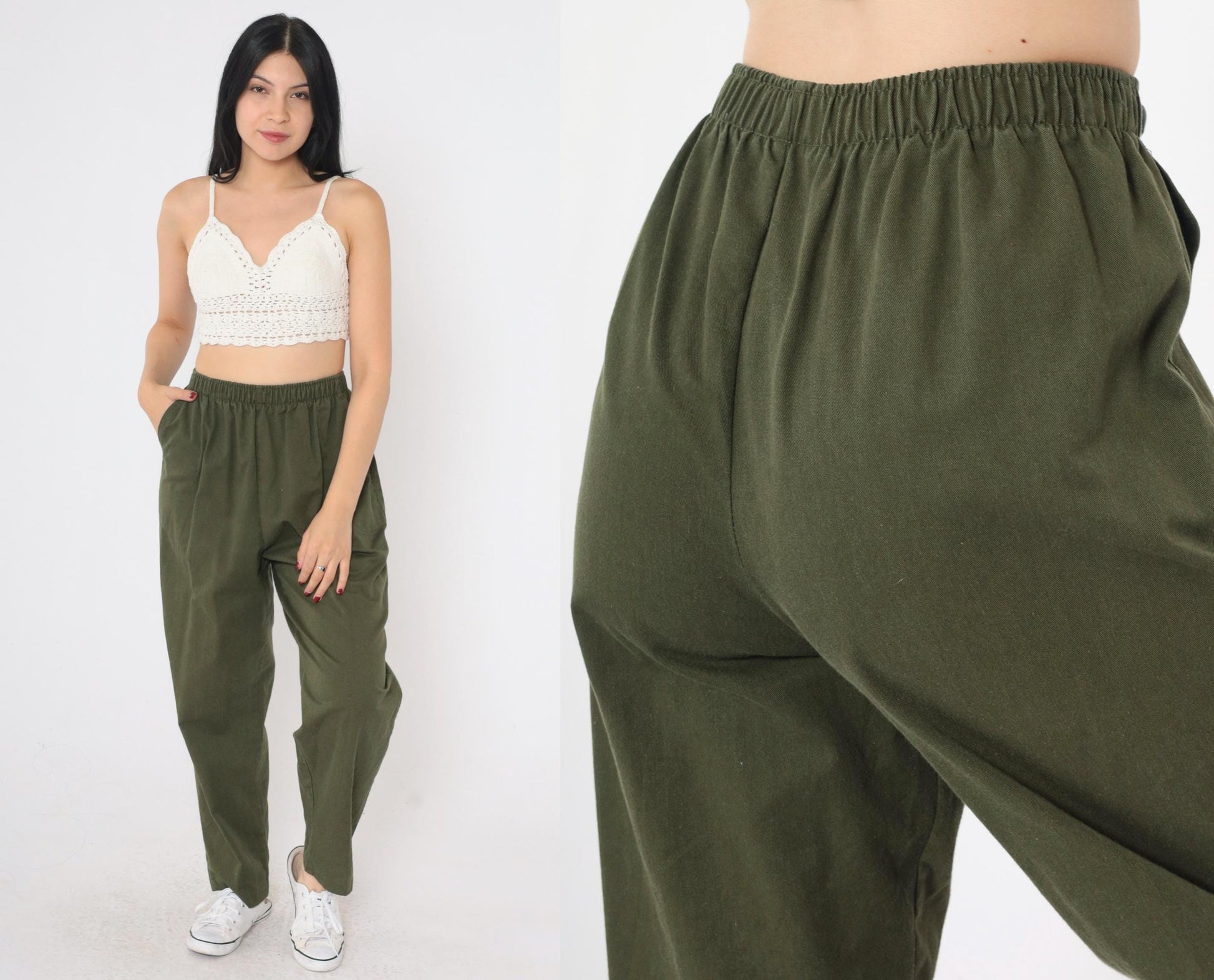 90s Olive Green High-Waist Straight Leg Pants Elastic Waist Small Petite