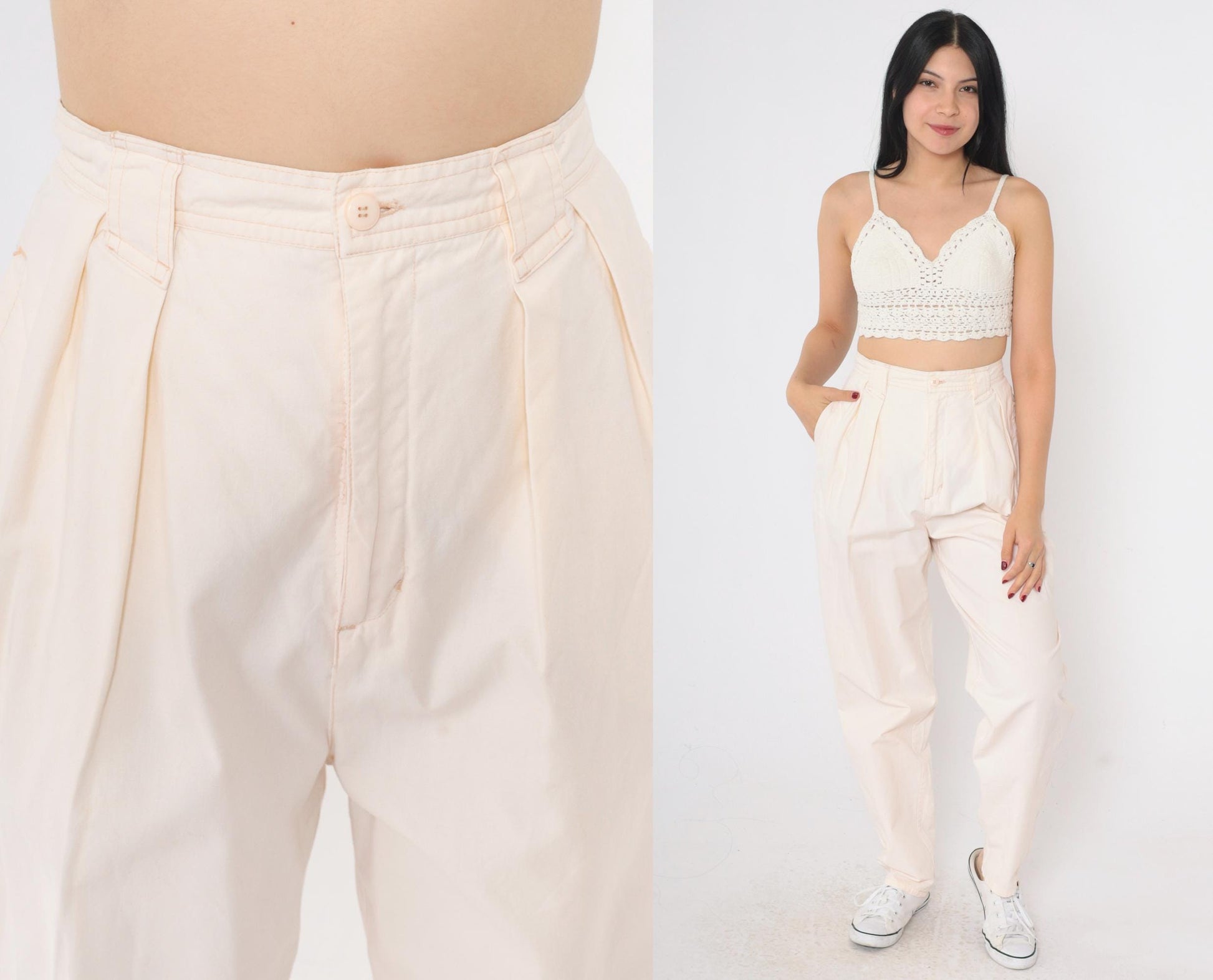 80s Bonjour Pale Peach High Waist Pleated Tapered Trousers Cotton Medium