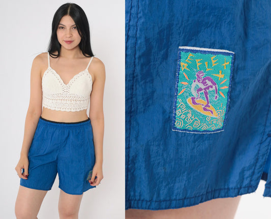 90s Reflex Blue Nylon Swim Shorts Elastic Waist Surfer Patch Medium
