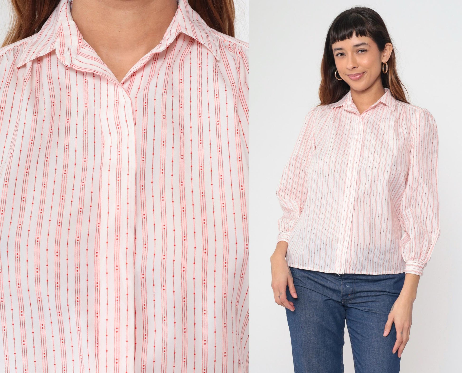 80s Striped Puff Sleeve Button-Up Blouse White Red Small S