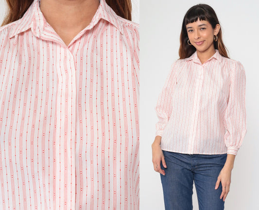 80s Striped Puff Sleeve Button-Up Blouse White Red Small S