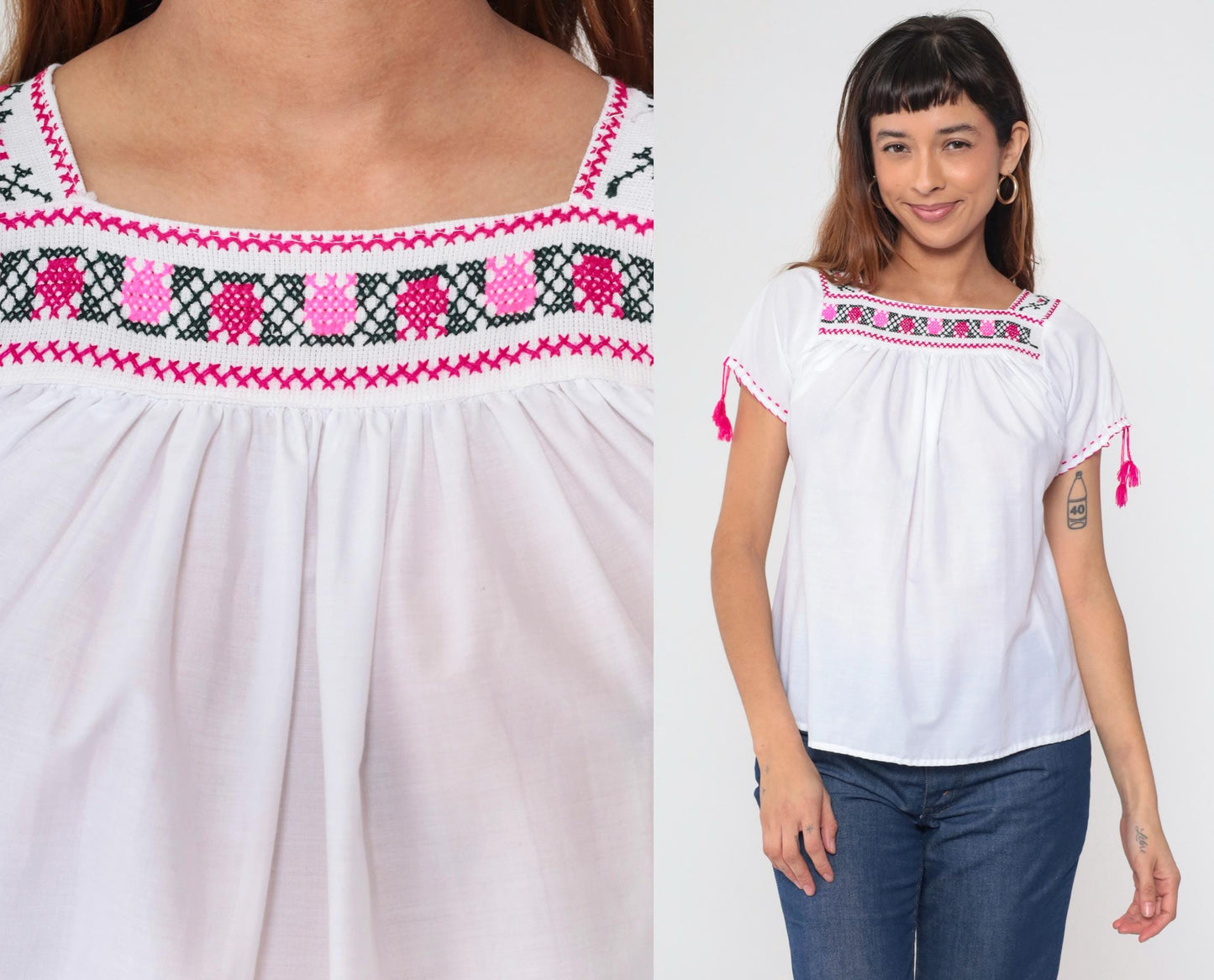 90s Mexican Embroidered Floral Blouse White Pink Square Neck Short Sleeve Small