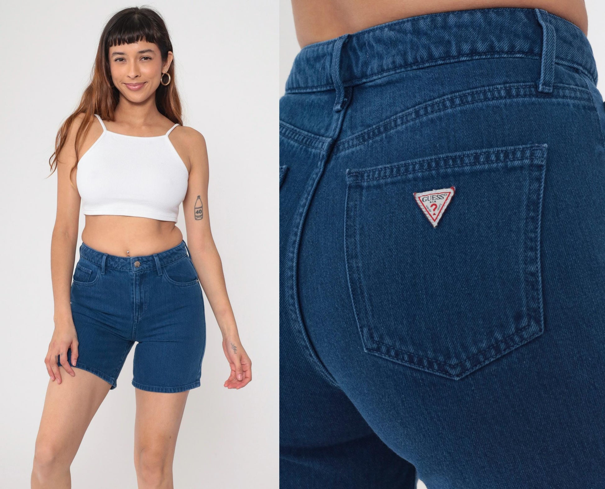 Y2K Guess Dark Wash High-Waisted Jean Shorts Triangle Logo Small 26