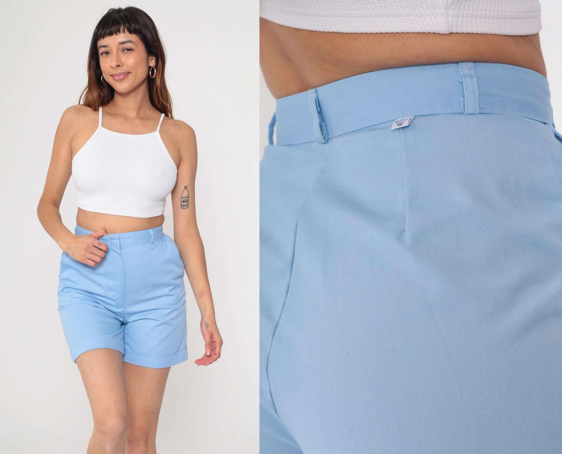70s Wrangler High-Waisted Shorts Baby Blue Cuffed Cotton Small