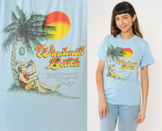 80s Guantanamo Bay Cuba Windmill Beach Graphic T-Shirt Baby Blue Small