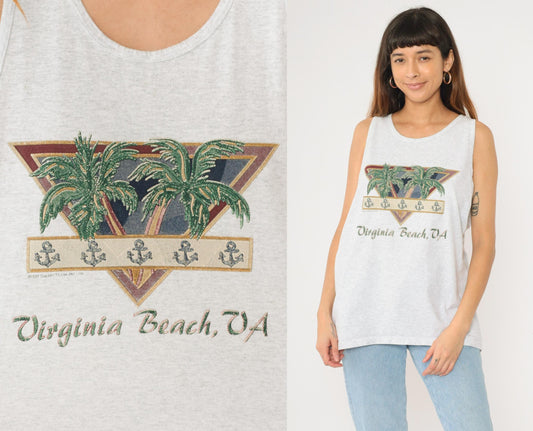 90s Virginia Beach Tank Top Graphic Tee Palm Tree Anchor Grey Extra Large