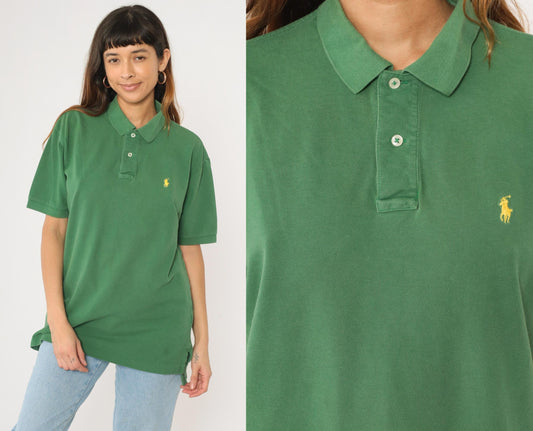 90s Ralph Lauren Polo Shirt Green Cotton Quarter-Button Collared Large L
