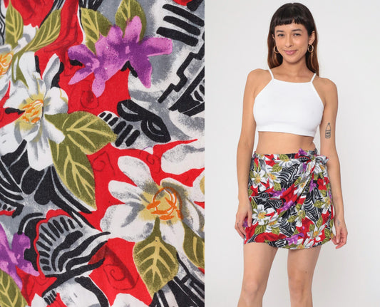 90s Tropical Floral Mini Skirt High Waist Faux Wrap Red Black White Small Medium