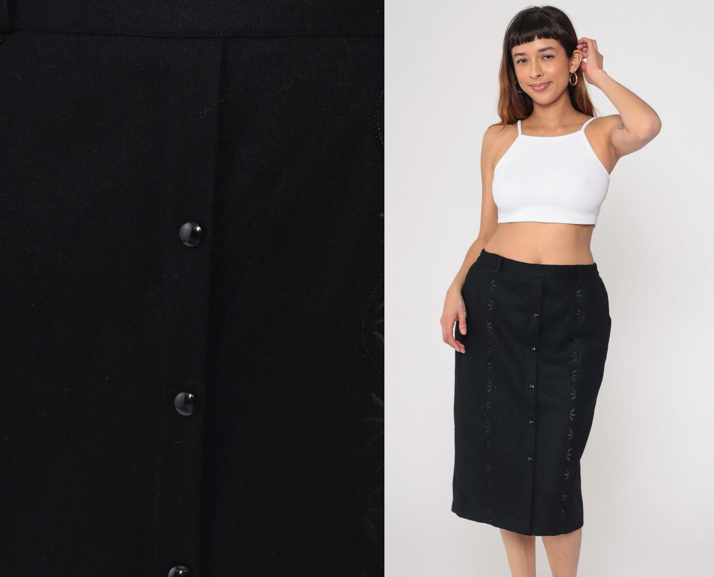 90s Black Floral Embroidered Button-Up Pencil Skirt Knee Length Medium