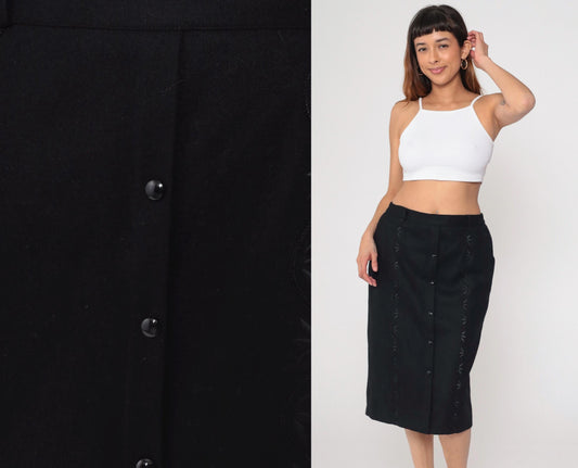 90s Black Floral Embroidered Button-Up Pencil Skirt Knee Length Medium