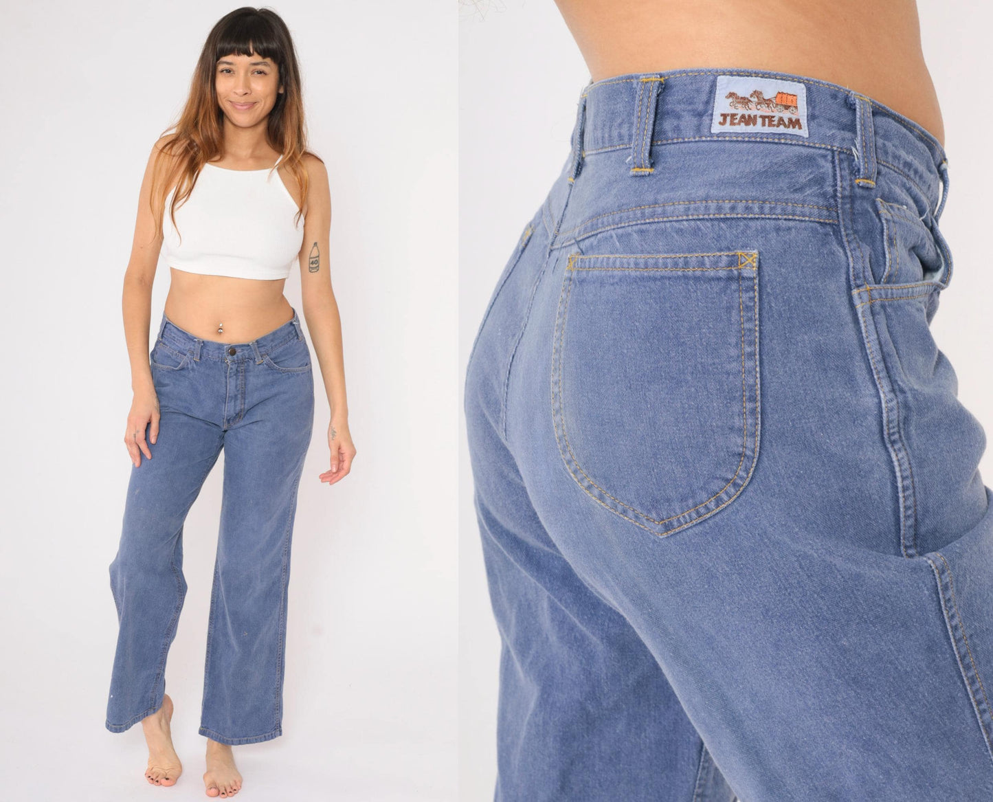 70s Bell Bottom Jeans Denim Mid Rise Blue Jean Team Medium