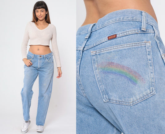 90s Rustler Blue Jeans Rainbow Pocket High Rise Straight Leg 33x30
