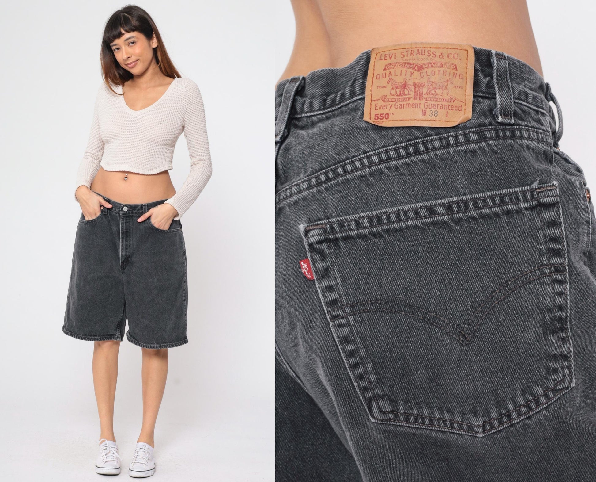 90s Levi's 550 Black Denim Shorts High Waist Knee Length Men's 38