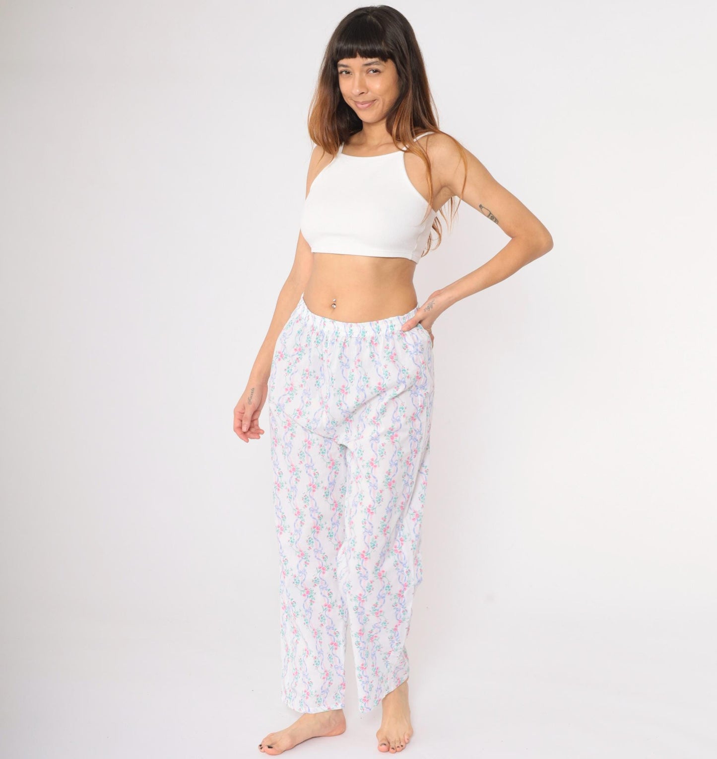 80s Floral Ribbon Pajama Pants White Elastic Waist Sleep Bottoms Medium