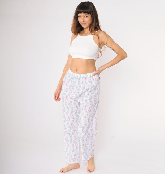 80s Floral Ribbon Pajama Pants White Elastic Waist Sleep Bottoms Medium