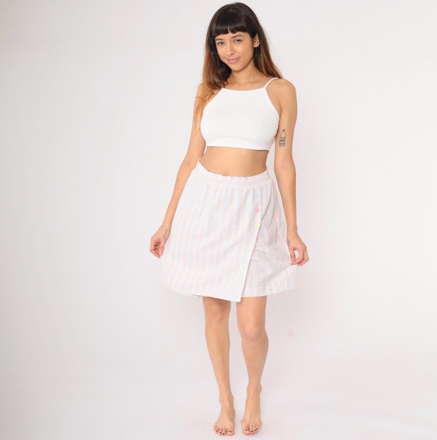 80s Seersucker Striped Skort White Rainbow Pastel High Waist Mini Medium