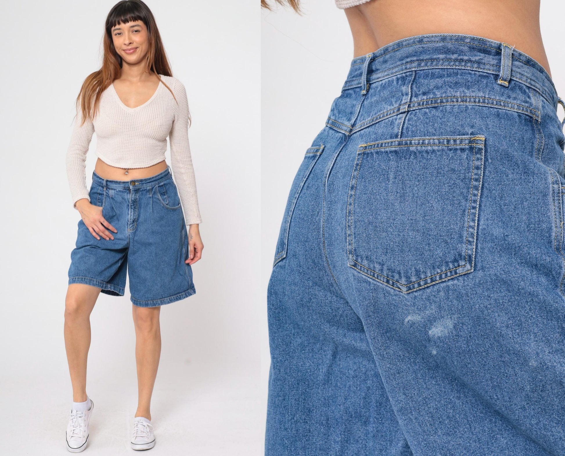 90s Claus Sports High Waisted Pleated Denim Shorts Blue Large