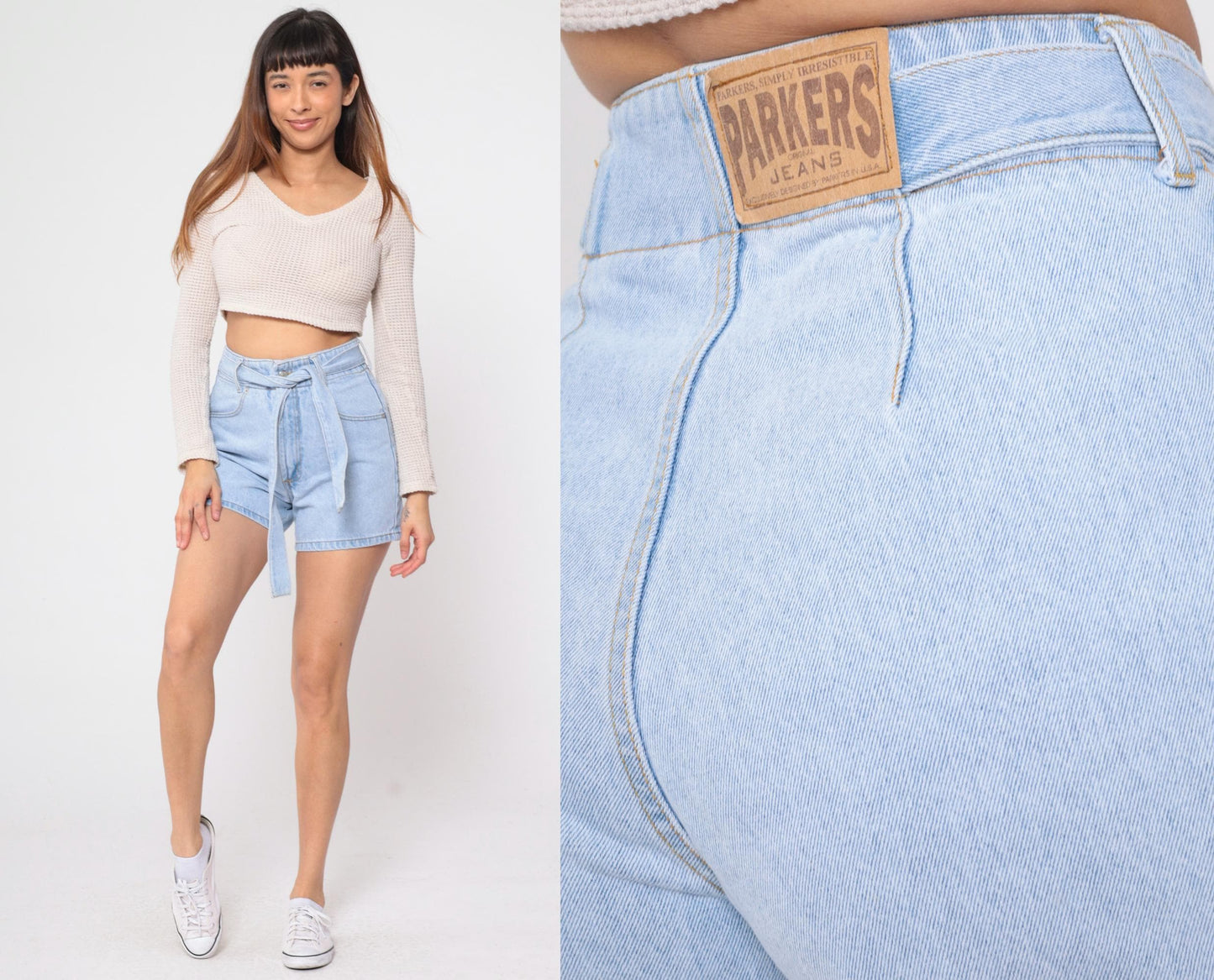90s Parkers Light Wash Denim Shorts High Waisted Belted Jean Shorts Small