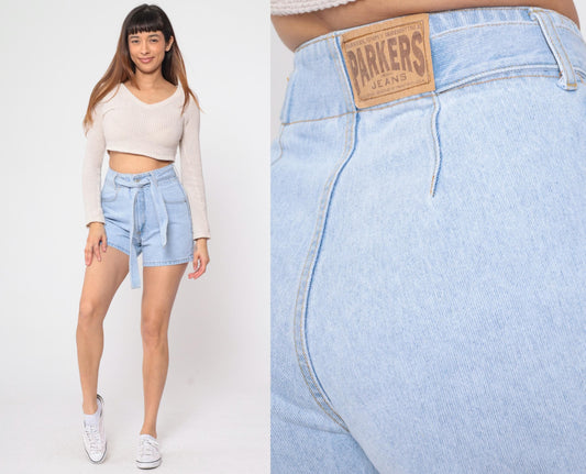 90s Parkers Light Wash Denim Shorts High Waisted Belted Jean Shorts Small