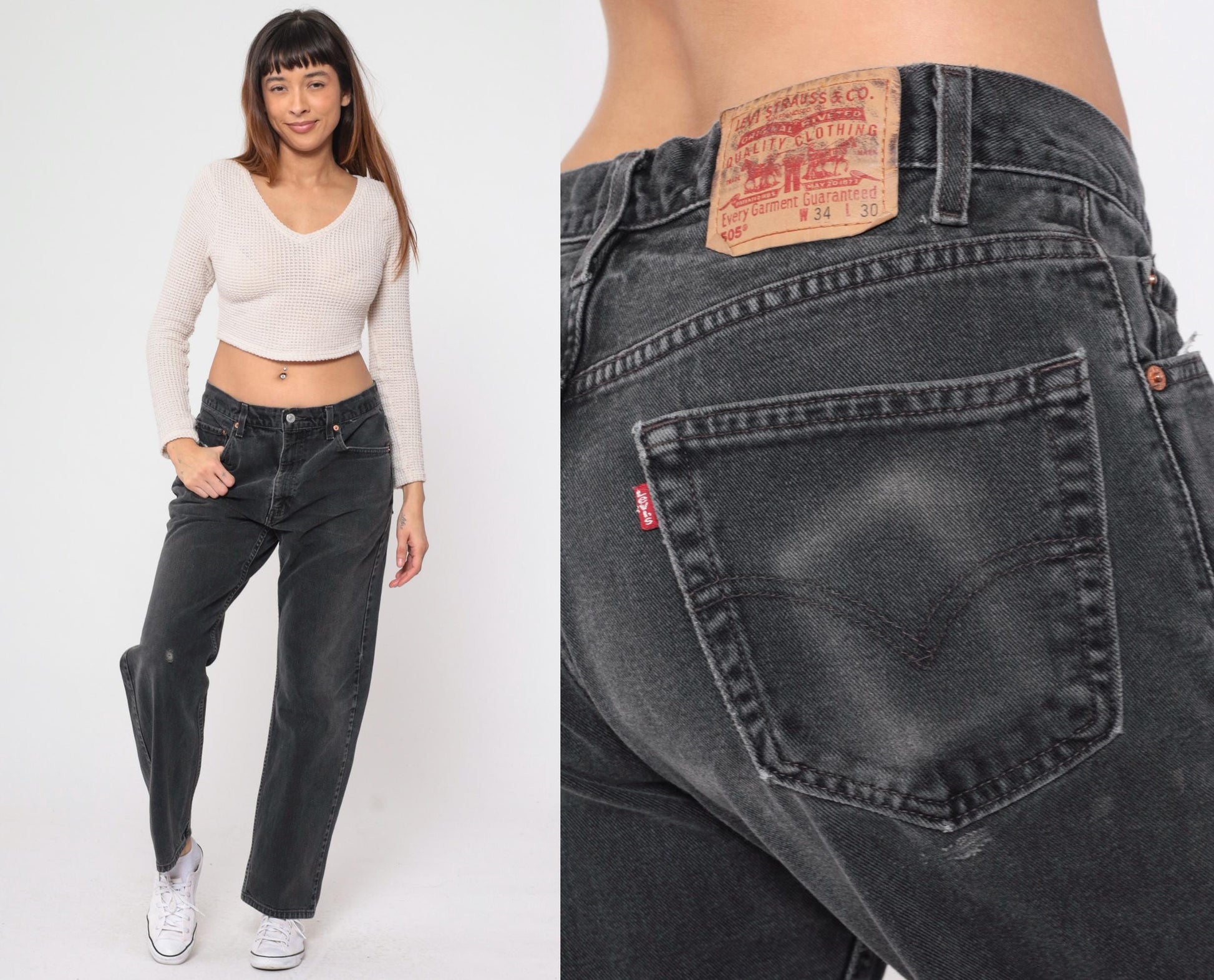 90s Levi's 505 Black Denim Jeans High Rise Straight Leg 34x30