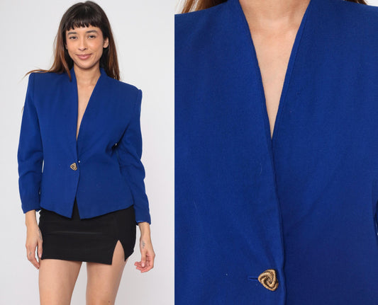 90s Valerie Stevens Wool Blazer Royal Blue V-Neck Gold Button Medium 8