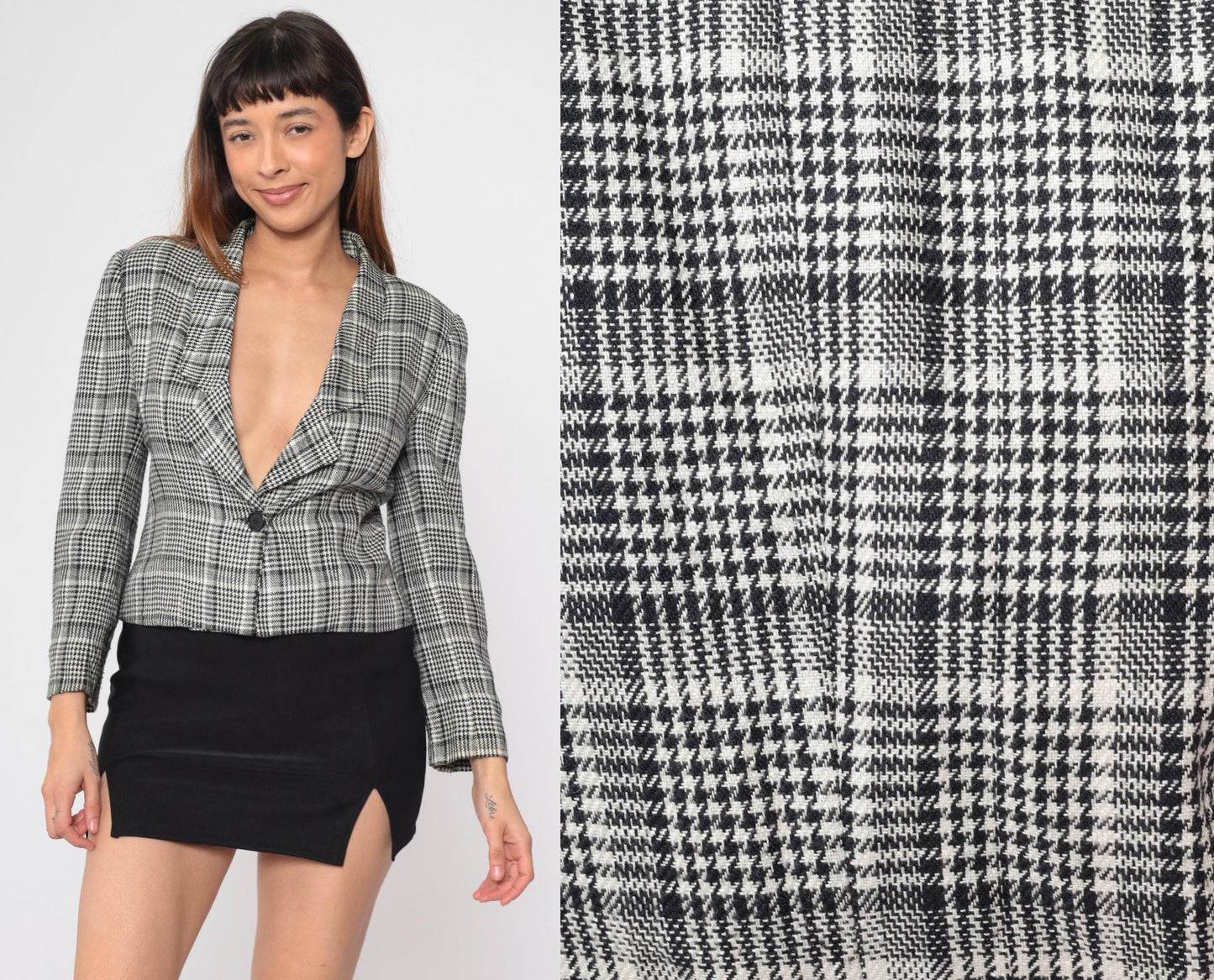 90s Michelle Stuart Houndstooth Blazer Black White Single Button Small Petite