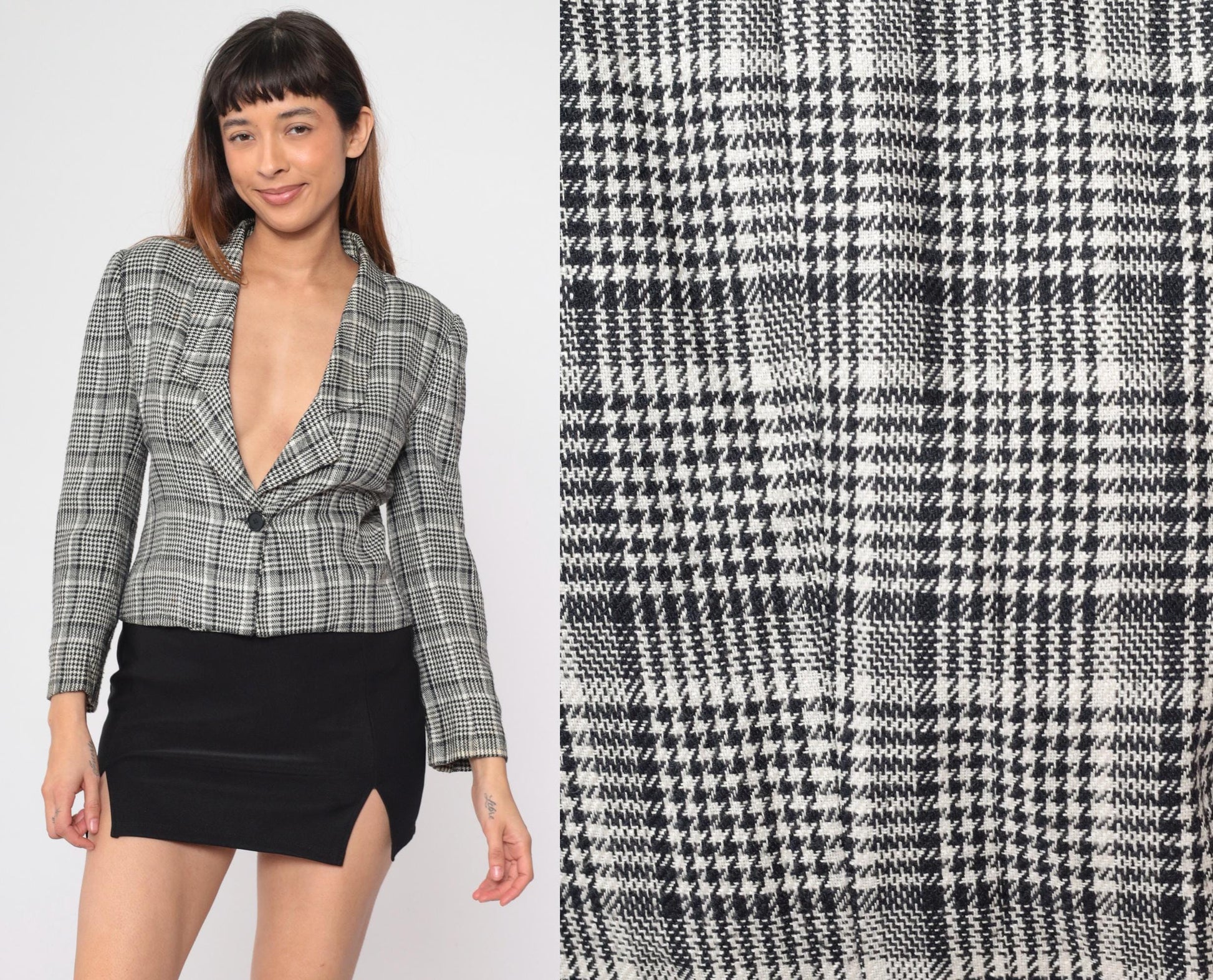 90s Michelle Stuart Houndstooth Blazer Black White Single Button Small Petite