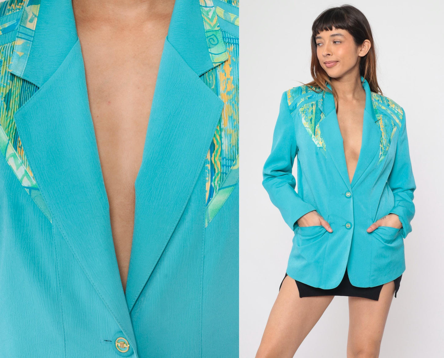 90s Turquoise Geometric Blazer V-Neck Button Jacket Small 6