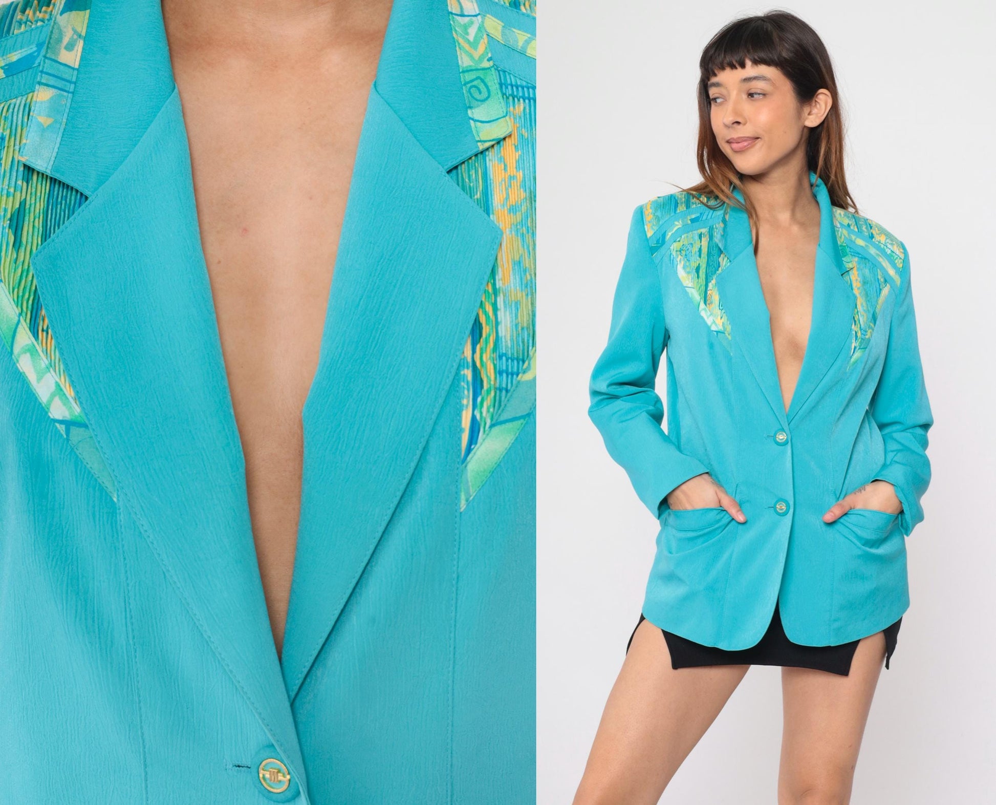 90s Turquoise Geometric Blazer V-Neck Button Jacket Small 6